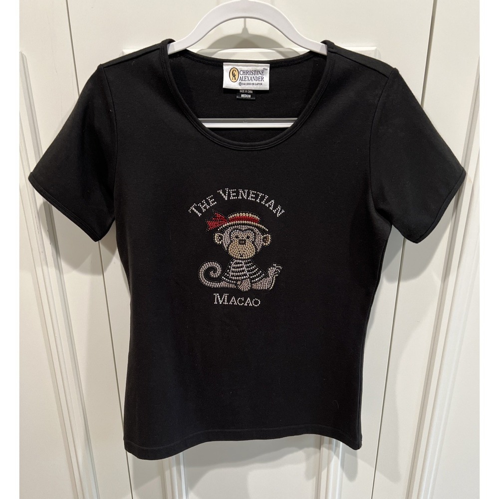 Christine Alexander Rhinestone Studded‎ Black T Shirt Monkey Macao Venetian Fun